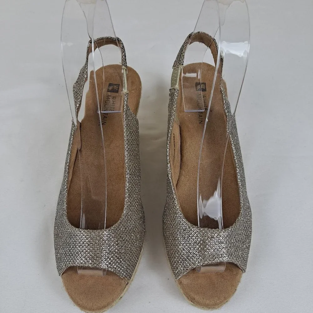 White Mountain Size 6M Gold Glitter Fabric Upper Sandals Wedge Heel Espadrille